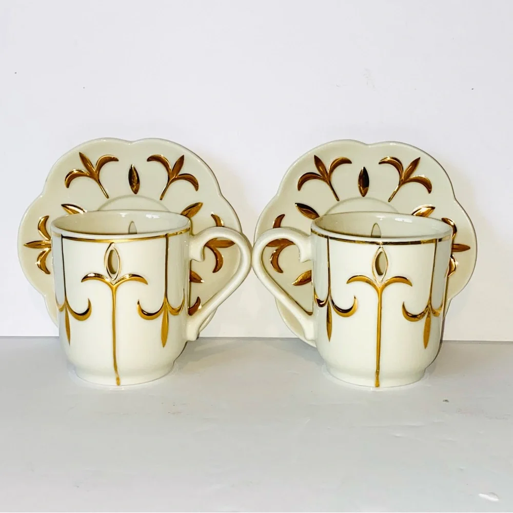 Partylite Tea for Two 5pc Votive Candle Holders Teapot Cups Saucers Ivory & Gold - Picture 7 of 15